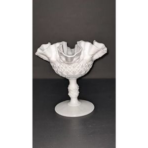 Fenton Milk Glass, Fine Cut and Block Ruffled Compote, Pedestal Candy Dish